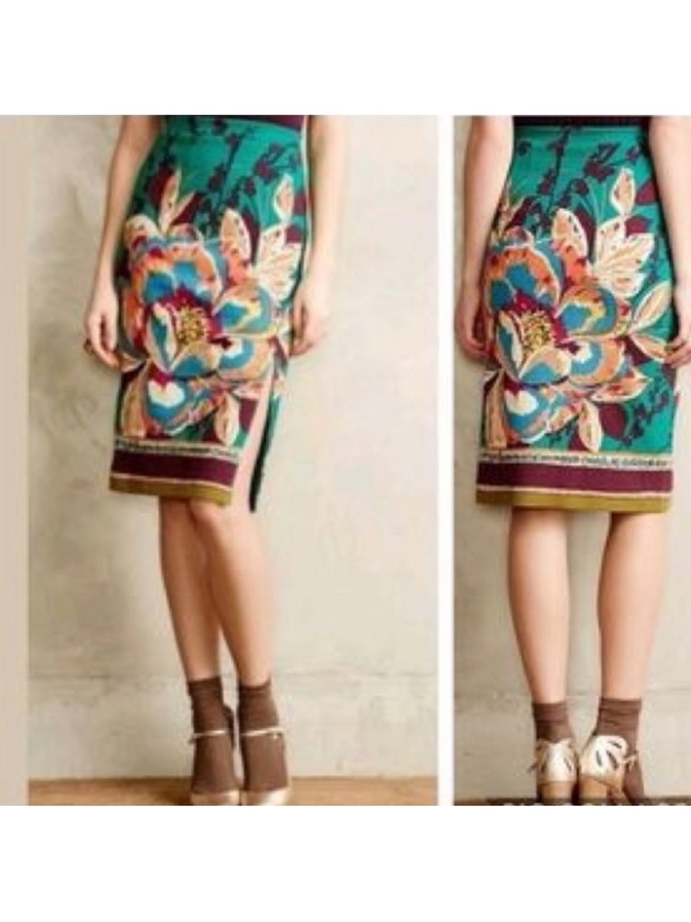 Teal Floral Print Pencil Skirt Maeve M nwt side slit